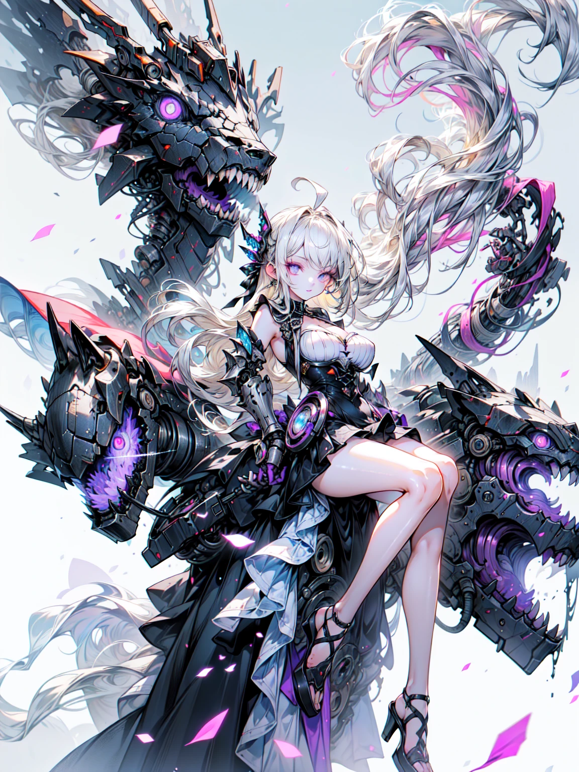 super high quality、8K quality、High resolution、Image quality captured with a single-lens reflex camera、(SFW)、Perfect ???????、(1. The theme is a gothic punk girl in a black dress...）Beautiful blonde 20 year old girl.Orange eyes、(Good shape、???????????、Cleavage)、(Black mechanical parts for arms and legs、3D, Realistic mechanical parts)(Mechanical parts Rear wing)(Equipped with a chainsaw:1.2)break、（Perfect ???????:1.4）break(Back view、Remember、avert your eyes:1.3)Petals flutter(Smoke rising from the battlefield、Twilight Girl:1.5)、Cowboy Shot、Machinery Armor、Organic Armor Cyborg、Armor Textures、break、（Dark Elf), (1 Girl), alone, Perfect Face, Get used to it, Ahoge, ((Long Hair:1.2)),[[Messy Hair]], Shiny blonde white hair, Purple eyes, Variegated eyes, Colorful Hair, Shining Eyes, (eyelash, eye shadow, pink eye shadow), bright, smile, Design Art：Haruhiko Mikimoto, by Kawashi, by Yoshitaka Amano
