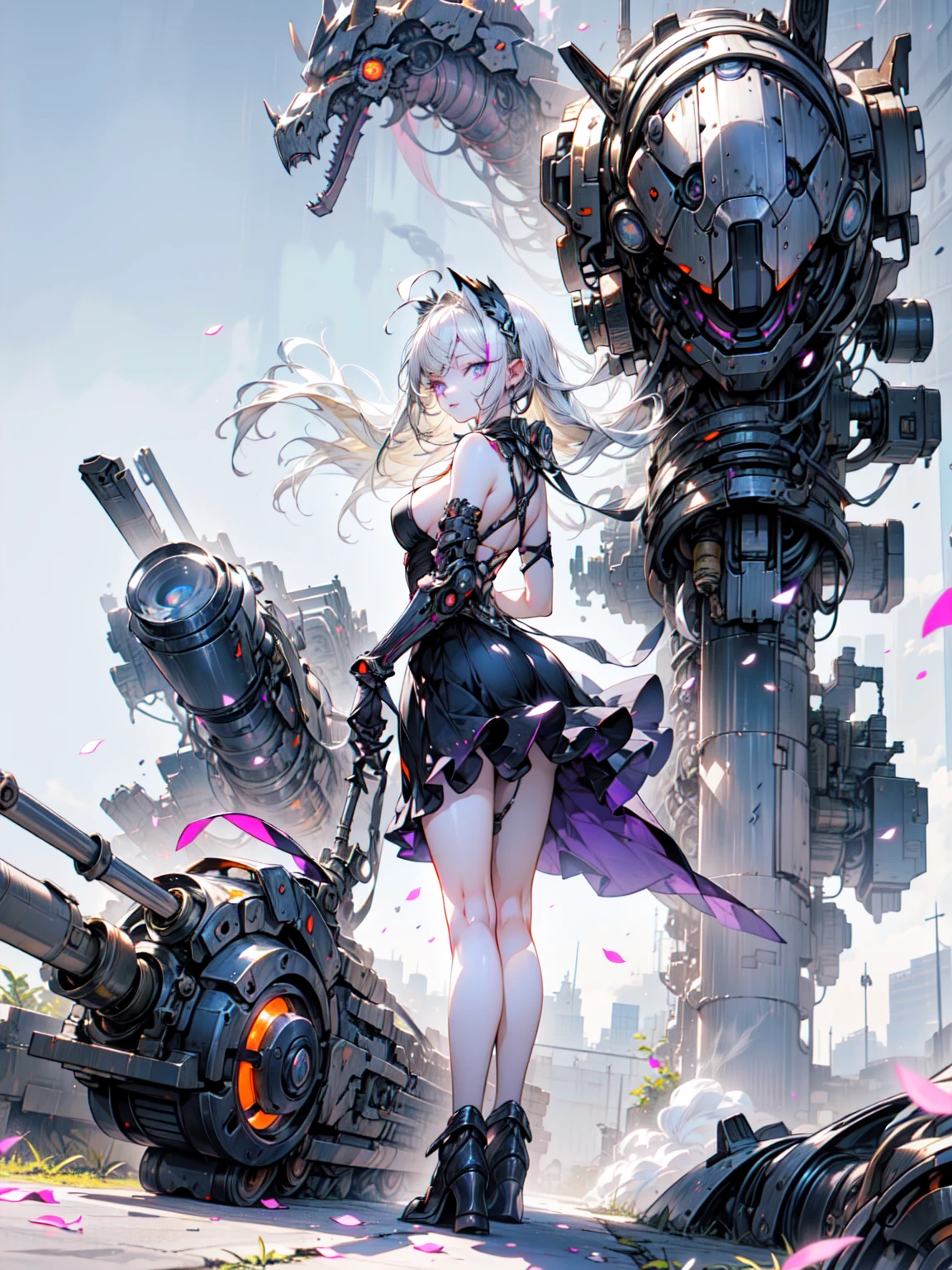 super high quality、8K quality、High resolution、Image quality captured with a single-lens reflex camera、(SFW)、Perfect Anatomy、(1. The theme is a gothic punk girl in a black dress...）Beautiful blonde 20 year old girl.Orange eyes、(Good shape、Big Breasts、Cleavage)、(Black mechanical parts for arms and legs、3D, Realistic mechanical parts)(Mechanical parts Rear wing)(Equipped with a chainsaw:1.2)break、（Perfect Anatomy:1.4）break(Back view、Remember、avert your eyes:1.3)Petals flutter(Smoke rising from the battlefield、Twilight Girl:1.5)、Cowboy Shot、Machinery Armor、Organic Armor Cyborg、Armor Textures、break、（Dark Elf), (1 Girl), alone, Perfect Face, Get used to it, Ahoge, ((Long Hair:1.2)),[[Messy Hair]], Shiny blonde white hair, Purple eyes, Variegated eyes, Colorful Hair, Shining Eyes, (eyelash, eye shadow, pink eye shadow), bright, smile, Design Art：Haruhiko Mikimoto, by Kawashi, by Yoshitaka Amano
