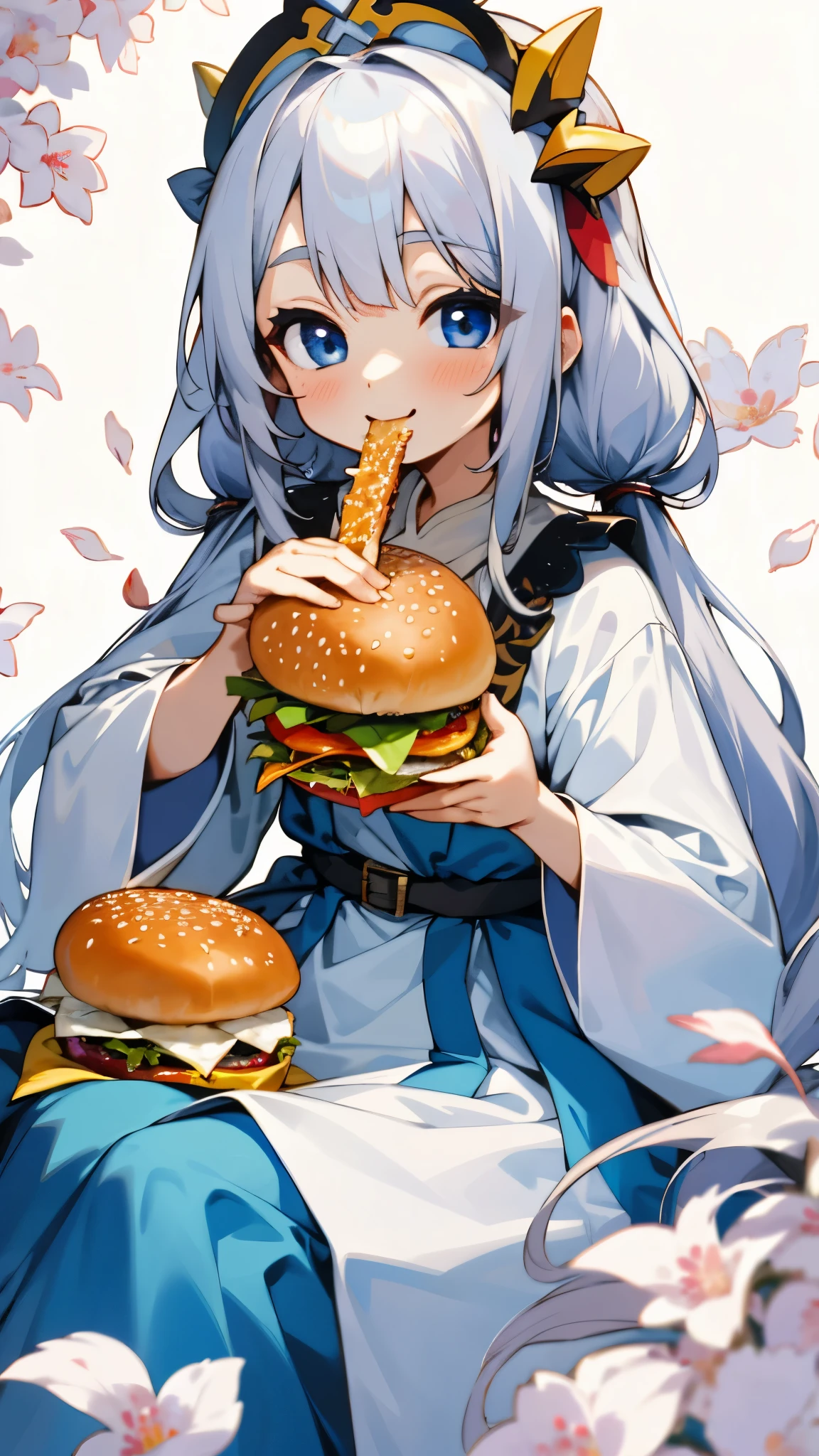 （Highest quality，masterpiece，Surreal），Silver Hair、Long Hair、Beautiful Blue Eyes、smile、Wearing a peasant tunic、Eating a hamburger、Beautiful and delicate girl portrait，Playful and cute，Background Petals fluttering，