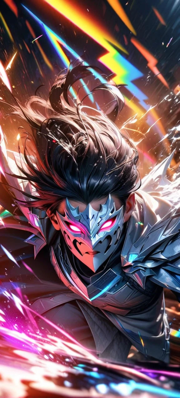 High quality, ultra realistic,absurdres, highres, ultra detailed, HDR, masterpiece, extremely detailed face and eyes,  white dragon knight, dragon knight mask,,colorful Black hair , , solo, ,man, handsome, , , Epic fight scene, colorful splashing effect,colorful lightning  effect,glowing glitters , 