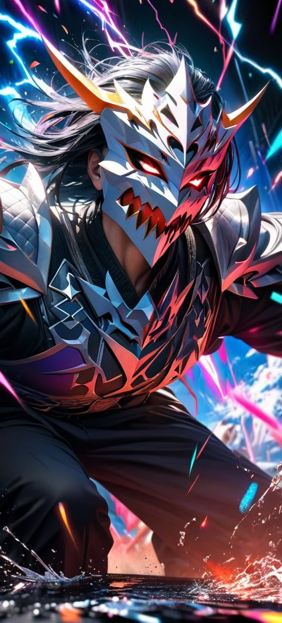 High quality, ultra realistic,absurdres, highres, ultra detailed, HDR, masterpiece, extremely detailed face and eyes, white dragon knight, dragon knight mask,,colorful Black hair , , solo, ,man, handsome, , , Epic fight scene, colorful splashing effect,colorful lightning effect,glowing glitters ,
