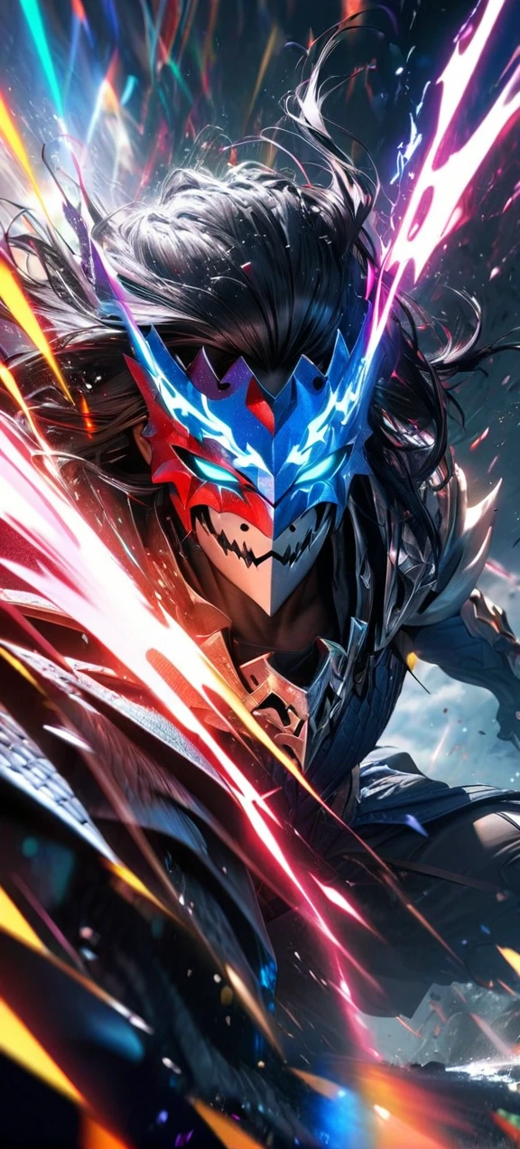 High quality, ultra realistic,absurdres, highres, ultra detailed, HDR, masterpiece, extremely detailed face and eyes, white dragon knight, dragon knight mask,,colorful Black hair , , solo, ,man, handsome, , , Epic fight scene, colorful splashing effect,colorful lightning effect,glowing glitters ,