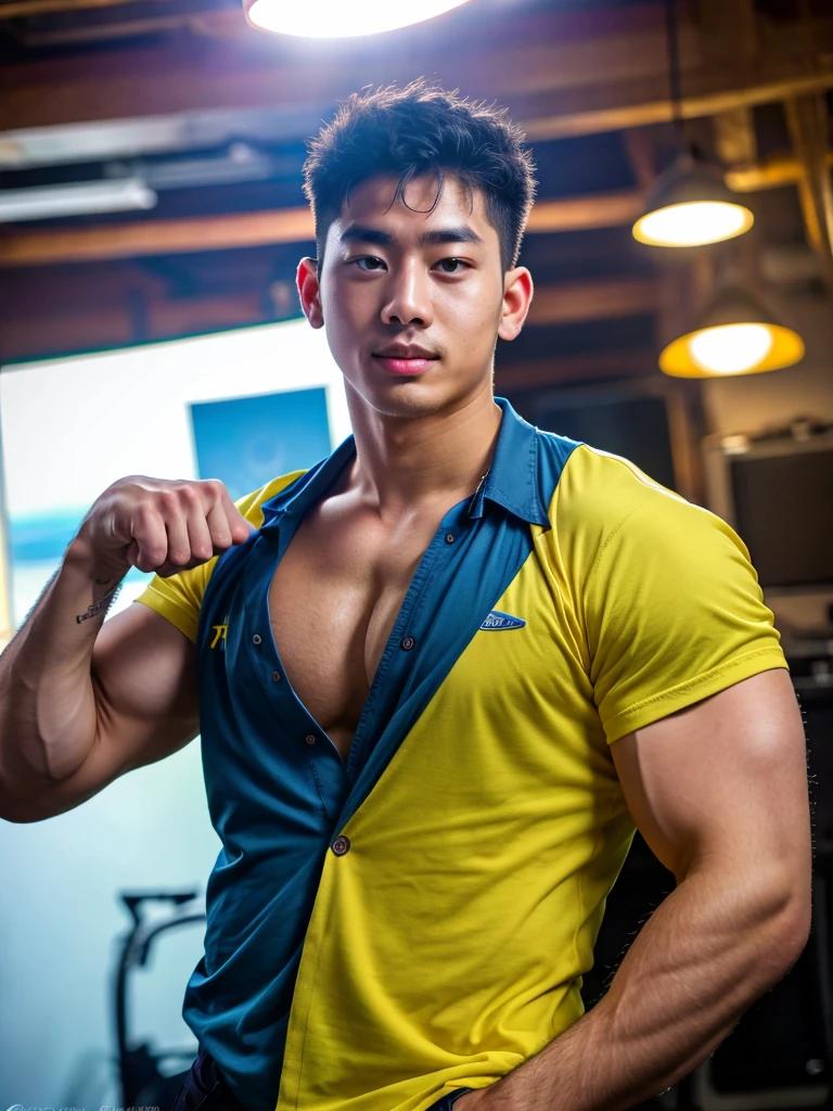 a young asian man, 20 years old, wearing a shirt and pants, dynamic movement pose, big pecs, (best quality,4k,8k,highres,masterpiece:1.2),ultra-detailed,(realistic,photorealistic,photo-realistic:1.37),HDR,UHD,studio lighting,ultra-fine painting,sharp focus,physically-based rendering,extreme detail description,professional,vivid colors,bokeh,portrait,photography