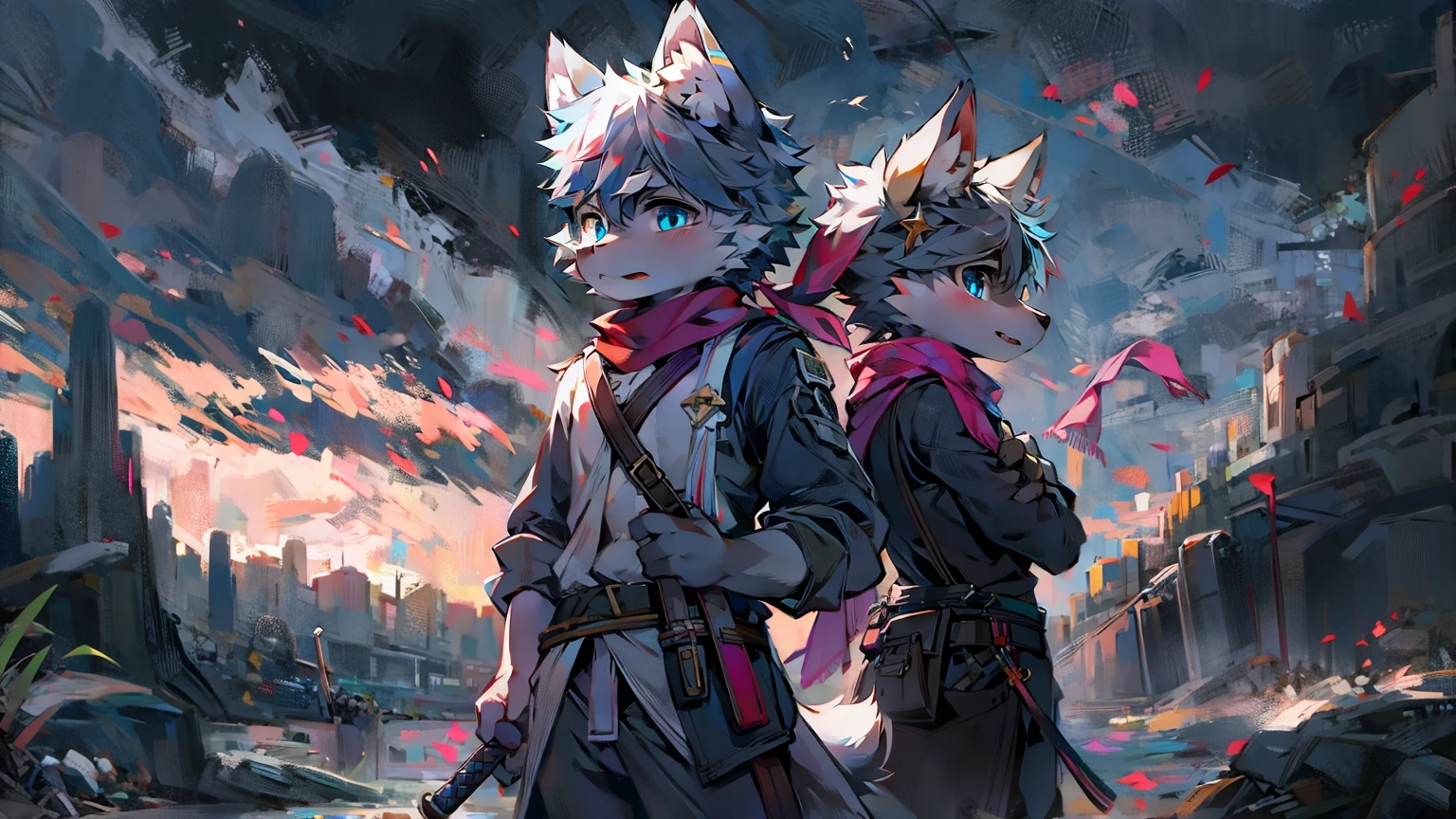 Wolf,juvenile,male,Gray-black fur,Sky blue eyes,Ancient combat uniform,scarf,Holding a long sword,Scabbard back,permanent,The only one,dawn,illumination,Break