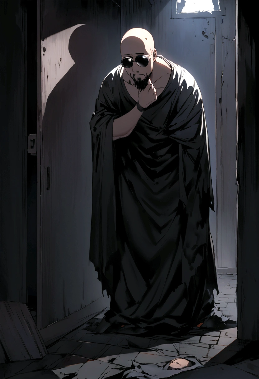  young-looking ex-inmate with a bald head and a round face and a full black beard that covers his entire face, wearing large-lens sunglasses, wearing some torn and worn-out clothes and with worried expression in a dark and terrifying room looking by clues