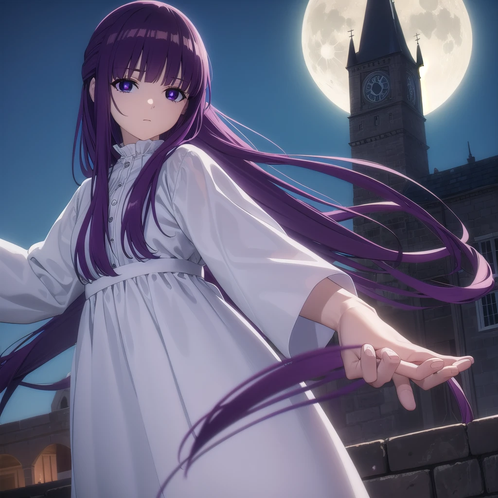 fern, fern, long hair, bangs, (purple eyes:1.1), purple hair, sidelocks, blunt bangs, (bright pupils:1.5),
BREAK long sleeves, dress, white dress, long dress,
BREAK outdoor, night, sky, castle, moon, clouds,
BREAK looking at viewer, (cowboy shot:1.5),
BREAK (masterpiece:1.2), best quality, high resolution, unity 8k wallpaper, (illustration:0.8), (beautiful detailed eyes:1.6), extremely detailed face, perfect lighting, extremely detailed CG, (perfect hands, perfect anatomy),