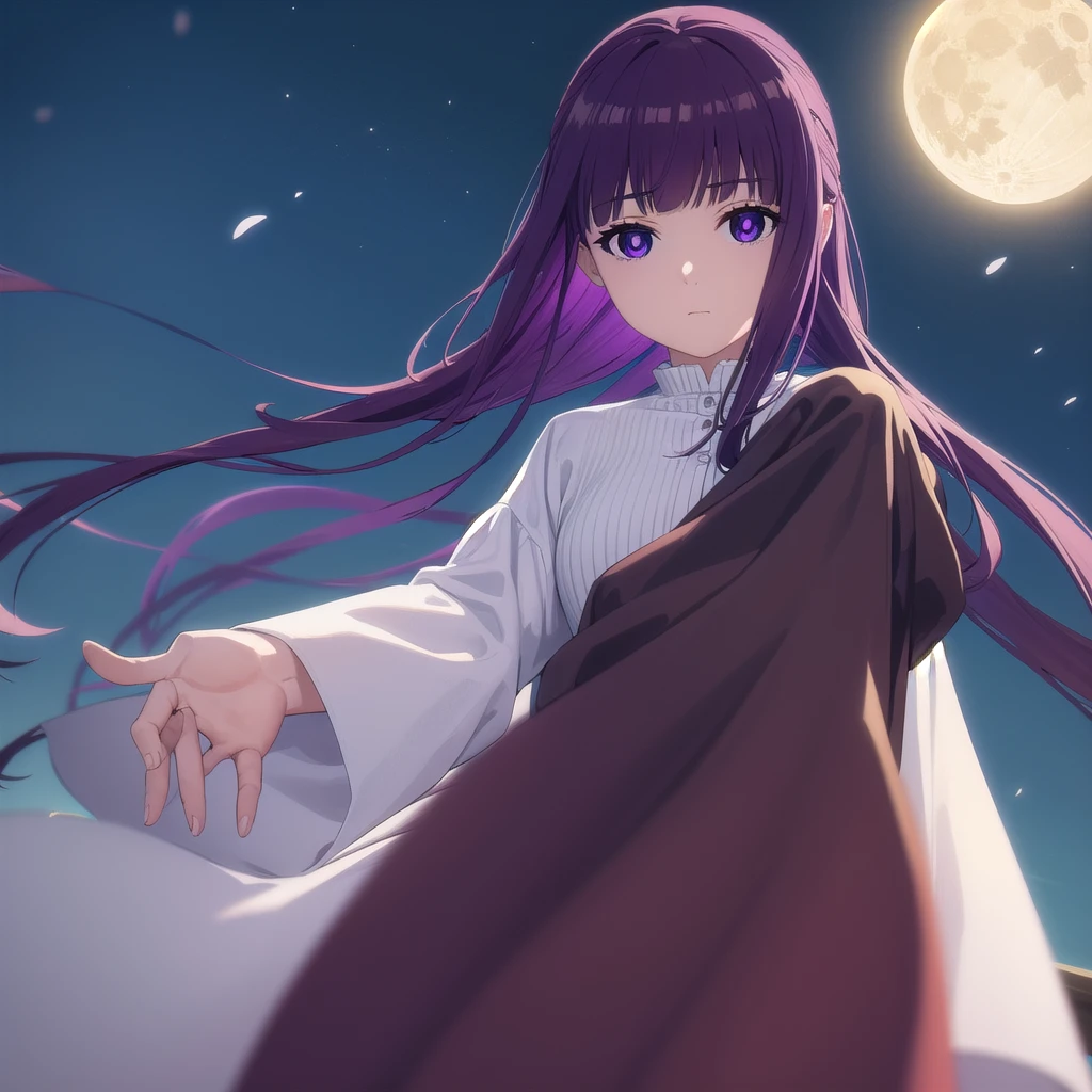 fern, fern, long hair, bangs, (purple eyes:1.1), purple hair, sidelocks, blunt bangs, (bright pupils:1.5),
BREAK long sleeves, dress, white dress, long dress,
BREAK outdoor, night, sky, castle, moon, clouds,
BREAK looking at viewer, (cowboy shot:1.5),
BREAK (masterpiece:1.2), best quality, high resolution, unity 8k wallpaper, (illustration:0.8), (beautiful detailed eyes:1.6), extremely detailed face, perfect lighting, extremely detailed CG, (perfect hands, perfect anatomy),