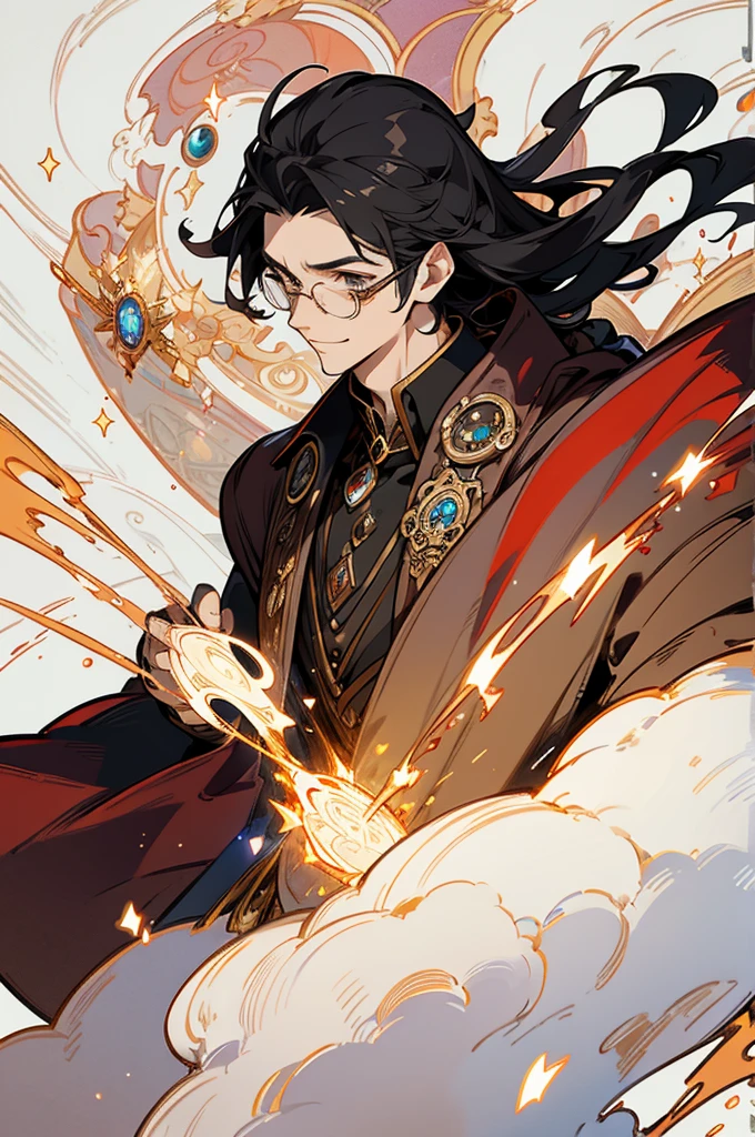 masterpiece, best quality, 1 male, young, tall muscular, handsome, finely detailed eyes, intricate details, black hair, (style-swirlmagic:1.0), smile, solo, upper body, detailed background, detailed face, (steampunk theme:1.1) good sorcerer, color magical robes, determined expression, white color scheme, dark crimson light, glowing magical runes, white atmosphere, realistic lighting, floating particles, sparks, surrounded by gold lightning red arcane symbols, corrupted by eldritch power, bloom, glasses
