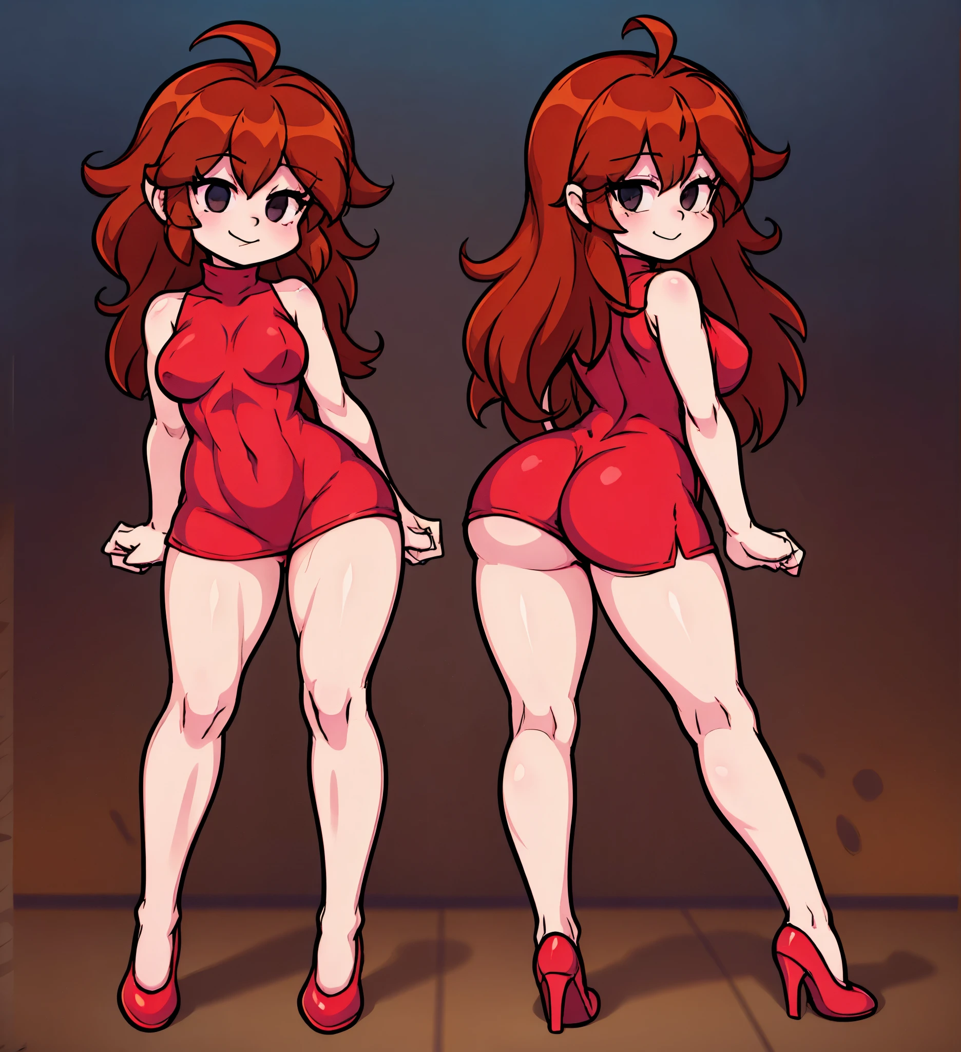 [fnfGF], [Newgrounds], [Friday Night Funkin'], ((masterpiece)), ((character sheet)), ((front and back view)), ((detailed line art)), ((chibi style)), ((cartoon aesthetic)), {Beautiful girl, long brunette hair, cute black eyes, curvy figure, cute smile},  {short Red sleeveless turtleneck dress, red heels}, {standing, cute pose}, [ambient lighting, simple background, stage lights]