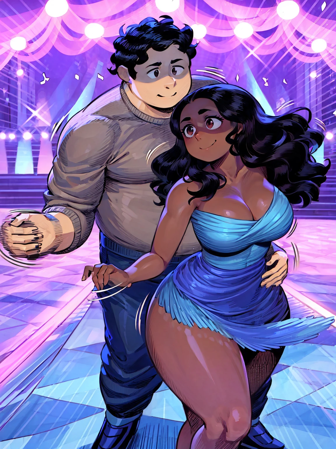 Hdr, masterpiece,4K, ray tracing, best quality, 1boy, 1girl, steven quartz universe, connie maheswaran, face to face,enamored couple, passionate sensuality, nightclub background, erotic dancing, couple focused, couple dancing together, highly-detailed animation, beautiful aesthetic, detailed smooth textures, motion lines, incredible absurdres, sharp gradients, deep highlights, unreal engine, incredibly detailed, dynamic lighting, carnality,
dynamic perspective, dynamism, brilliant shading, sensual shadowing, sensuous atmosphere, intricate fabric details, amazing skin, perfect hands, perfect, perfect eyes, steven quartz universe, age 23, fat man, handsome, wavy black hair, strongman waist, deep brown eyes, round face, urban masculine rave outfit, connie maheswaran, age 22, salacious rave girl, blue fire decal urban rave minidress, perfect square physique, beautiful detailed black eyes, flowing, shining, wavy black hair, toned, wide hips, firm chest, hypnotic hips, salaciously smiling, looking over shoulder