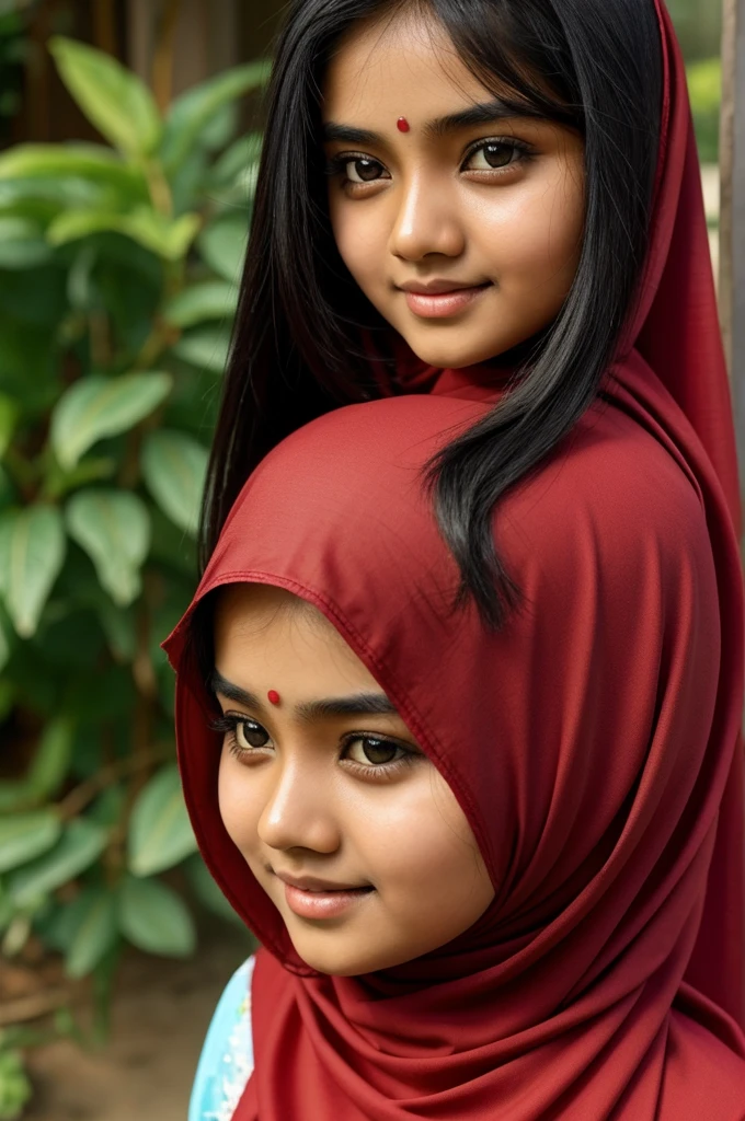 Make an Bangladeshi 14 years old girl, round shape face, long black hair, Fair complexion, Islamic black dress with red hijab lose fitting in morning