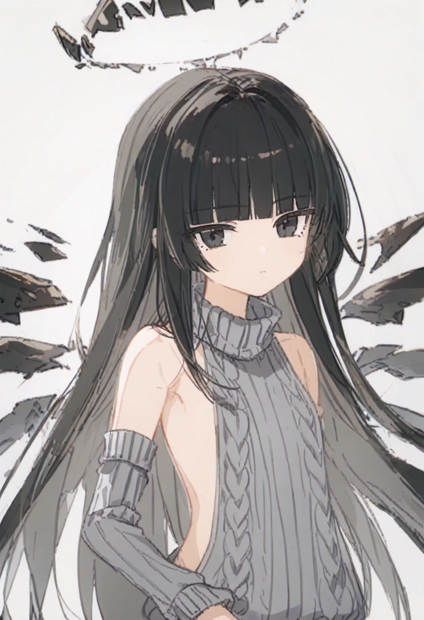 score_9, source_anime, anime_coloring, anime_screencap, sketch, 1girl, VirtuosaBase, cute, (chibi:0.7), black hair, blunt bangs, long hair, broken halo, energy wings, black eyes, mole under right eye, small breasts, virgin killer sweater, detached sleeves, gray sweater, hand on hip, leaning forward, looking at viewer, upper body, zoom out, white background,