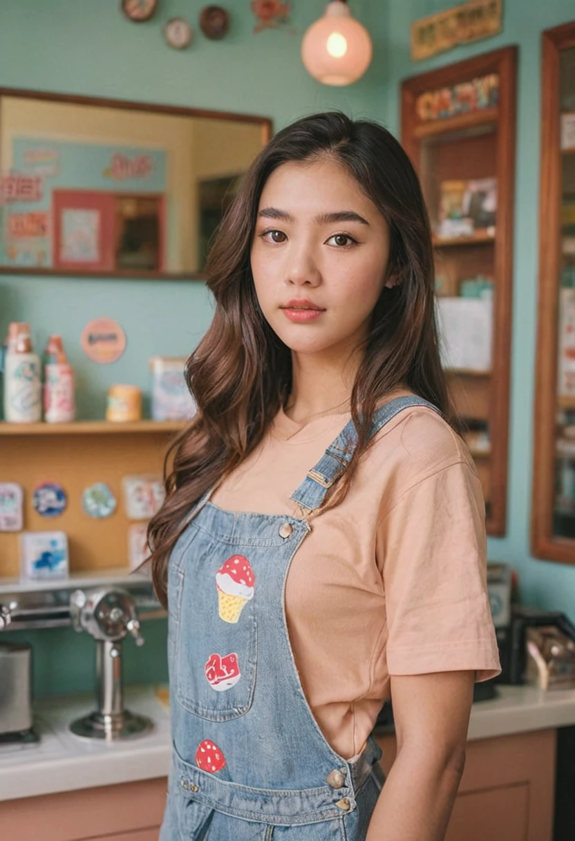 Portrait MagMix Girl look at camera, long hair, Overalls, Retro ice cream parlor with pastel-colored walls, a classic soda fountain counter, and vintage ice cream posters, bathed in warm sunlight, analog film photo, Kodachrome.