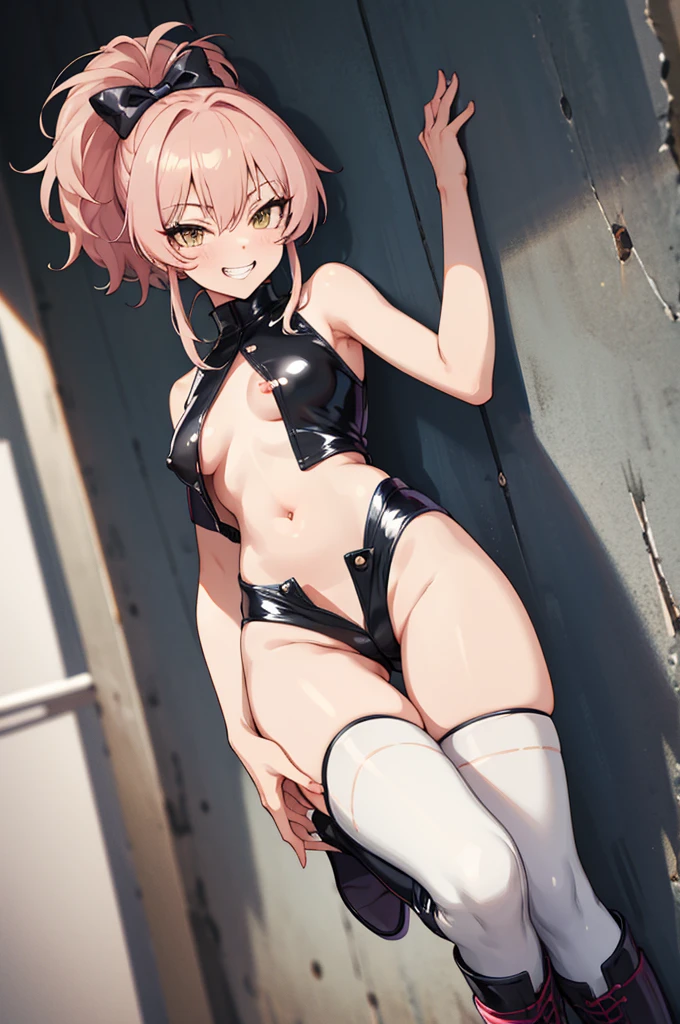 masterpiece, best quality, highres, aamika, ponytail, hair bow,,grin,evil smile, , latex ,looking viewer,thighhighs,shorts,boots,navel,sleeveless,standing,outdoor,((nsfw))