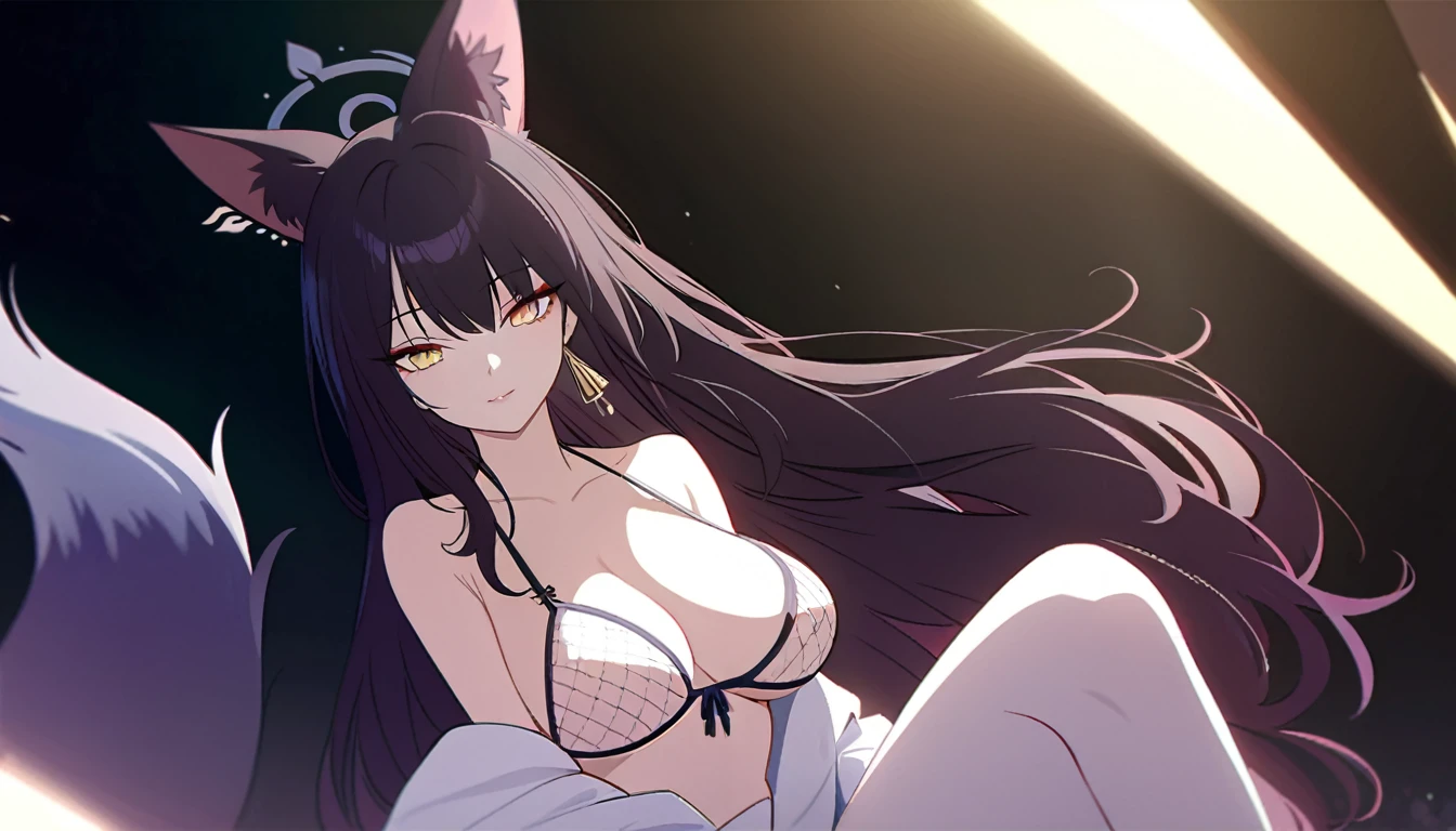长发动漫女孩和fox, Beautiful nine-tailed fox lady, 白毛fox, Beautiful character painting, Beautiful anime portrait, fox耳朵的女孩, a beautiful fox woman, Ancient mysterious style artwork, guweiz, by Ren Renfa, fox, Large Breasts,Full breasts,Golden ratio figure,Perfect body,Ultra wide-angle shooting,Full body shot,Body close-up,Look at the audience,Wearing a tulle bikini,Soft anime illustration, Soft dark background,Fujifilm XT3 Clear focus, f 5.6, High Detail, Clear focus, Dramatic, (Wearing openwork clothing), (Looking at the audience:1.8), (Natural light), (Tempting)