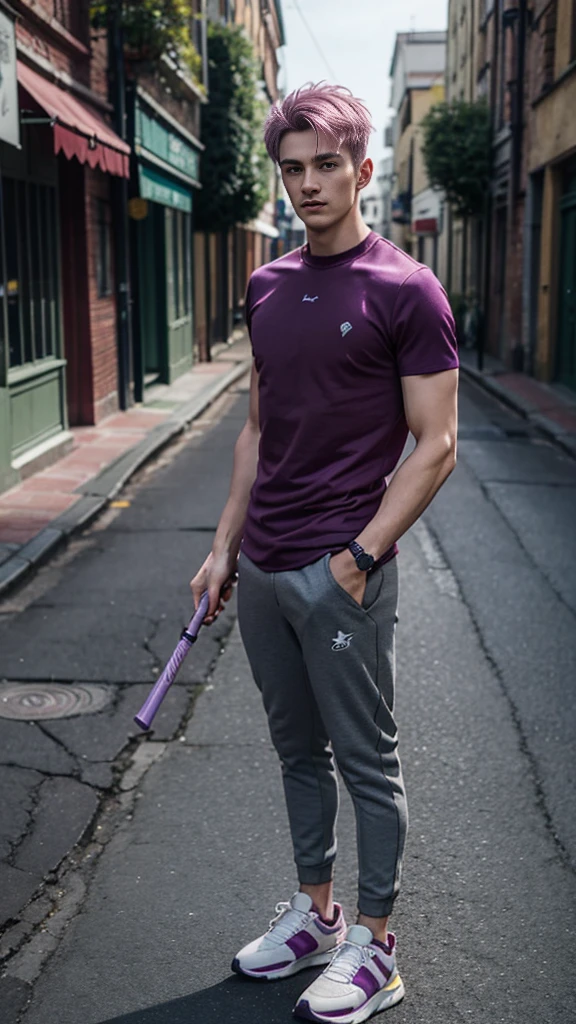 Man in magic outfit, 25 year old fit man, dark green gym trousers marking his fun, man in violet and burgundy t-shirt, man holds baton, young man with light lilac hair, man standing, man in grey trainers, background deserted late afternoon street, Countryside,Corn plantation street, there's a cab in the background, The man is tall 