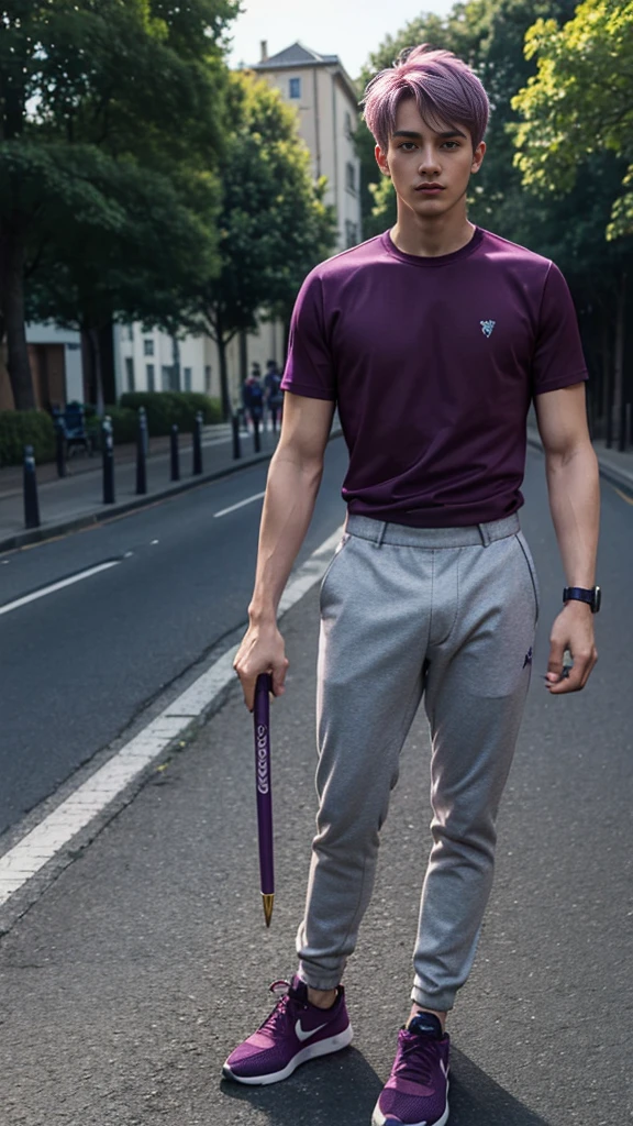 Man in magic outfit, 25 year old fit man, dark green gym trousers marking his fun, man in violet and burgundy t-shirt, man holds baton, young man with light lilac hair, man standing, man in grey trainers, background deserted late afternoon street, Countryside,Corn plantation street, there's a cab in the background, The man is tall 