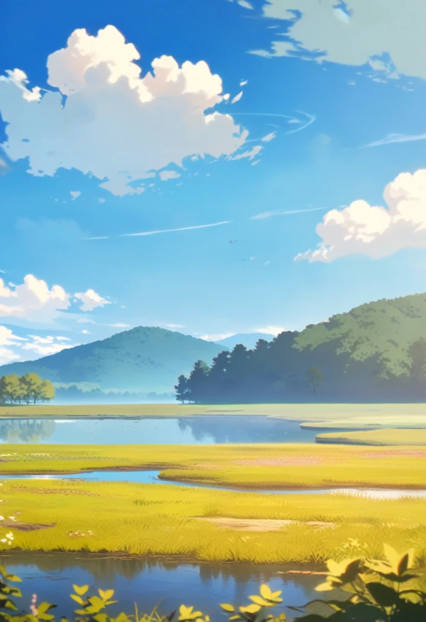 plateau, wetlands, spring, blue sky, cloud, (artistic photography:0.8), (illustration:0.9), Daytime