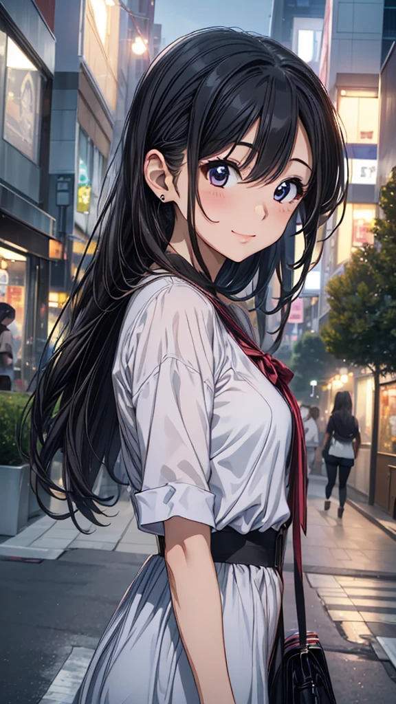 young woman、smile、((Random Hairstyles))、Blushing、((masterpiece、High resolution、16K))、((Random design spring clothes))、(Very close:1.5)、Explore the city at night、(Focus on the upper body:1.5)