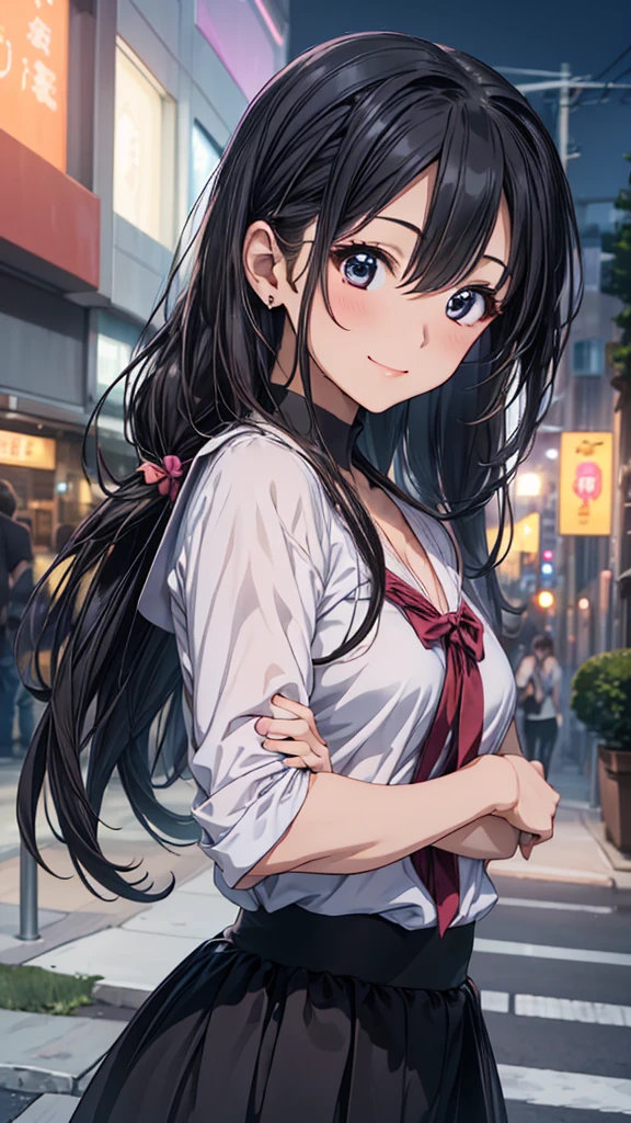 young woman、smile、((Random Hairstyles))、Blushing、((masterpiece、High resolution、16K))、((Random design spring clothes))、(Very close:1.5)、Explore the city at night、(Focus on the upper body:1.5)