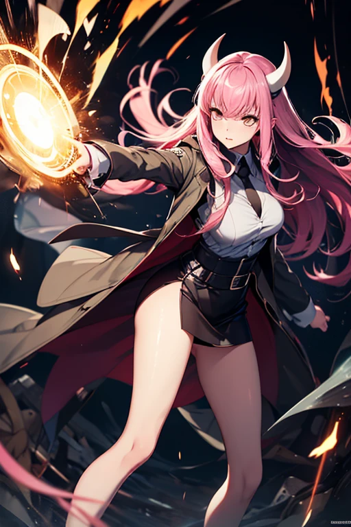 8k wallpaper,((High chroma)),(((Highest quality))) ,((Ultra-high resolution)),Browsing Caution,masterpiece,Clear margins,Very beautiful woman in her 20s,slender beautiful body,((1 person)),Very beautiful face,Very beautiful eyes,Very beautiful legs,Very beautiful arms,Very beautiful body,Depicted from thigh up,Depict a person large in the center of the image,Long Hair,Pink Hair,Thin eyebrows,Demon Horns,Asymmetrical bangs with hair tucked behind one ear,Uses magic,decisive battle,battle,force,energy,(Clothing of office workers)Combat readiness