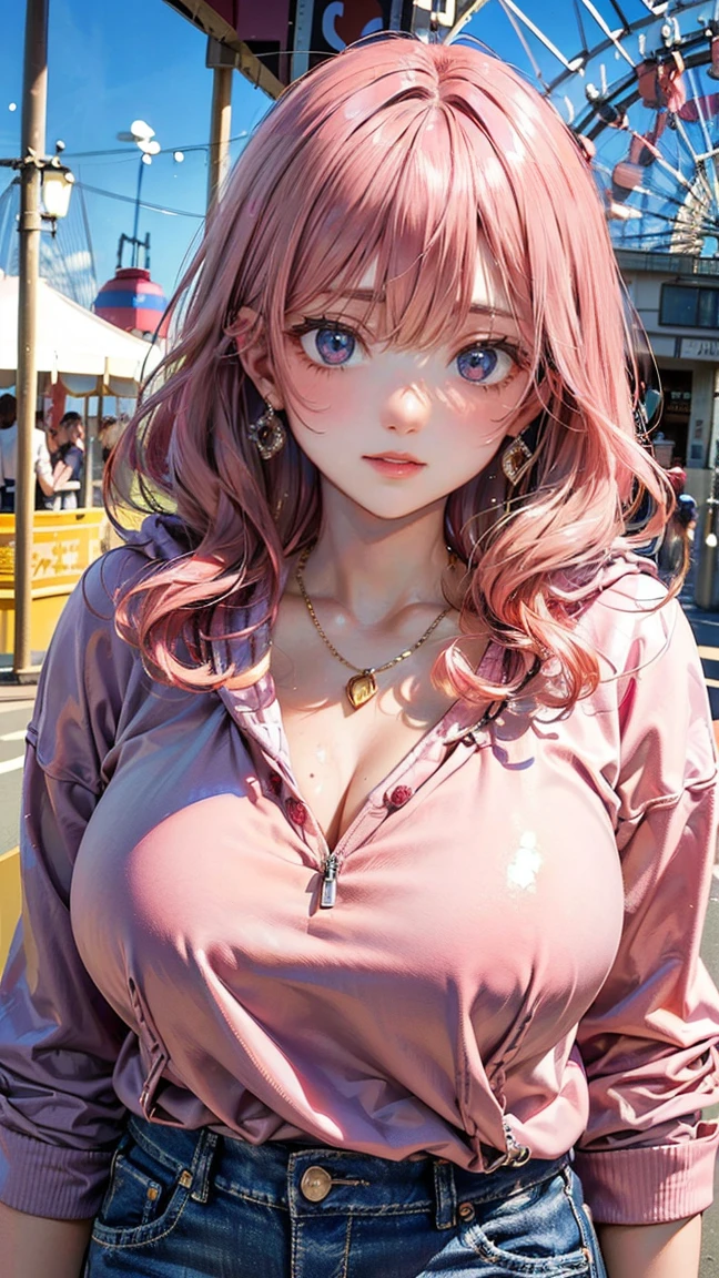 (Masterpiece, BestQuality:1.3), (ultra detailed:1.2), (hyperrealistic:1.3), (RAW photo:1.2), High detail RAW color photo, professional photograph, (Photorealistic:1.4), (realistic:1.4), professional lighting, perfect anatomy, (Big Breasts:1.2), (blush, detailed face), (cheerful Smile:1.5), Trending Hair&Trending Hairカラーをランダムに, earrings, necklace, bracelet, sexy, erotic sexy, Random sexy gravure poses, (Beautiful woman wearing a pink hoodie and jeans。The background is an amusement park。The expression is an excited smile。Her hair is long and wavy, with pink hair.。Posing in front of the Ferris wheel。:1.3)