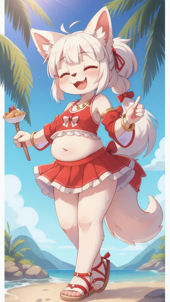 closed eyes, furry, solo, white fur, happy, jewelry, animal ears, animal nose, tail, holding, bracelet, full body, 1girl, red frilly tank top, midriff, frilly mini skirt, standing, smile, fang, blush, white hair, furry female, see-through, open mouth, body fur, sandals, food, ^ ^, arm up, sidelocks, innertube, holding food, ponytail, dog tail, skewer, water, border, hair ornament, dog ears, hand up, skin fang, :3, ribbon, dog girl, red ribbon, two-tone fur, topknot, holding innertube, see-through sleeves, bangs, star \(symbol\), chubby,