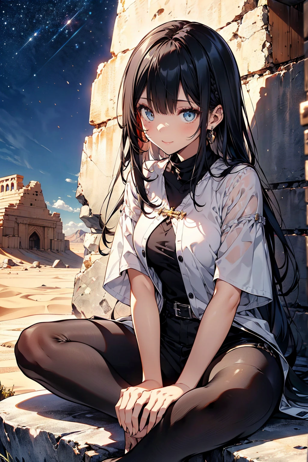 (Cinema Image Board:1.3), Mature woman with long black hair and wearing white clothes, (On the rocks of the desert:1.3), (Under the stars、Rest in an oasis:1.2, Sit in Indian style:1.25, Spread your legs:1.5, Open your legs and raise your knees:1.5, Sitting cross-legged:1.3, With arm pit, in front of Arabic ruins:1.2), Arabic, (Post-apocalyptic:0.2), From Arknights, Gweiz-style artwork, bodybian, Fine details. Girls' Frontline, Beautiful anime illustrations, from Girls' Frontline, Jan J, amazing, 26 years old, (Mature Woman:1.3), (alone:1.5), (SFW:1.25), Saggy breasts, Fuju's Chest, big , Narrow waist, big ass:1.2, Raised to be sexy, (Dark mahogany medium short hair, Updo, Hair on one eye, Asymmetrical Hair, Curly Hair, Low braid),(Muslim, White scarf, hair band, Today my head, turbaned), (Ultra-high resolution, 8k RAW photos, Photorealistic, Thin contours:1.3, Clear focus), Highest quality, Natural light, Fabric Shading, Blurred Background, Depth of written boundary, Bokeh, (Bright Eyes, Beautiful eyes with fine highlights:1.3, A face with attention to detail), Red lips, Realistic Skins:1.1, Looking down on the audience:1.3, (Dynamic Angle:1.3, Front view:1.1, breast focus:1.3, From below:1.2), (Dynamic pose:1.5, Sexy pose:1.2, Leaning forward), (Captivating smile:1.3), Centered Images, (Wearing a white long jacket and clothes, Wearing a white robe:1.3, ((Bare Chest:1.37)), Platinum Jewelry, Wrap white clothes around your waist, Camel brown long leather boots:1.3, Translucent lace pantyhose), ((Correct ???????:1.5)), ((Outdoor:1.2, Overnight:1.3)),