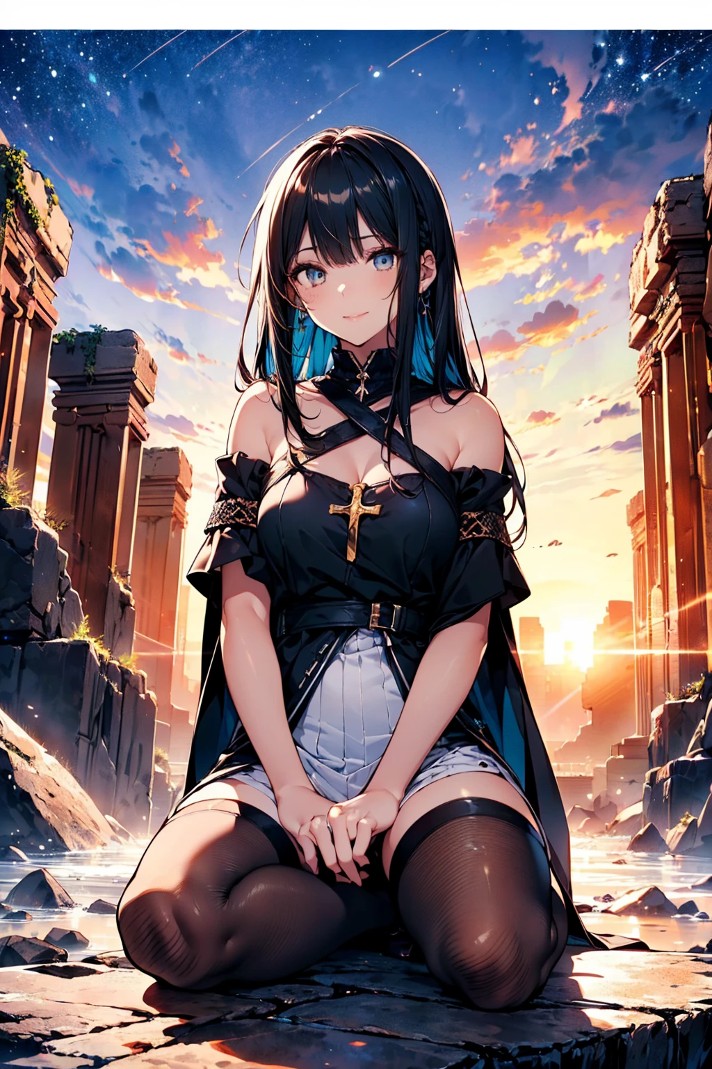 (Cinema Image Board:1.3), Mature woman with long black hair and wearing white clothes, (On the rocks of the desert:1.3), (Under the stars、Rest in an oasis:1.2, Sit in Indian style:1.25, Spread your legs:1.5, Open your legs and raise your knees:1.5, Sitting cross-legged:1.3, With arm pit, in front of Arabic ruins:1.2), Arabic, (Post-apocalyptic:0.2), From Arknights, Gweiz-style artwork, bodybian, Fine details. Girls&#39; Frontline, Beautiful anime illustrations, from Girls&#39; Frontline, Jan J, amazing, 26 years old, (Mature Woman:1.3), (alone:1.5), (SFW:1.25), Saggy breasts, Fuju&#39;s Chest, big , Narrow waist, big ass:1.2, Raised to be sexy, (Dark mahogany medium short hair, Updo, Hair on one eye, Asymmetrical Hair, Curly Hair, Low braid),(Muslim, White scarf, hair band, Today my head, turbaned), (Ultra-high resolution, 8k RAW photos, Photorealistic, Thin contours:1.3, Clear focus), Highest quality, Natural light, Fabric Shading, Blurred Background, Depth of written boundary, Bokeh, (Bright Eyes, Beautiful eyes with fine highlights:1.3, A face with attention to detail), Red lips, Realistic Skins:1.1, Looking down on the audience:1.3, (Dynamic Angle:1.3, Front view:1.1, breast focus:1.3, From below:1.2), (Dynamic pose:1.5, Sexy pose:1.2, Leaning forward), (Captivating smile:1.3), Centered Images, (Wearing a white long jacket and clothes, Wearing a white robe:1.3, ((Bare Chest:1.37)), Platinum Jewelry, Wrap white clothes around your waist, Camel brown long leather boots:1.3, Translucent lace pantyhose), ((Correct Anatomy:1.5)), ((Outdoor:1.2, Overnight:1.3)),