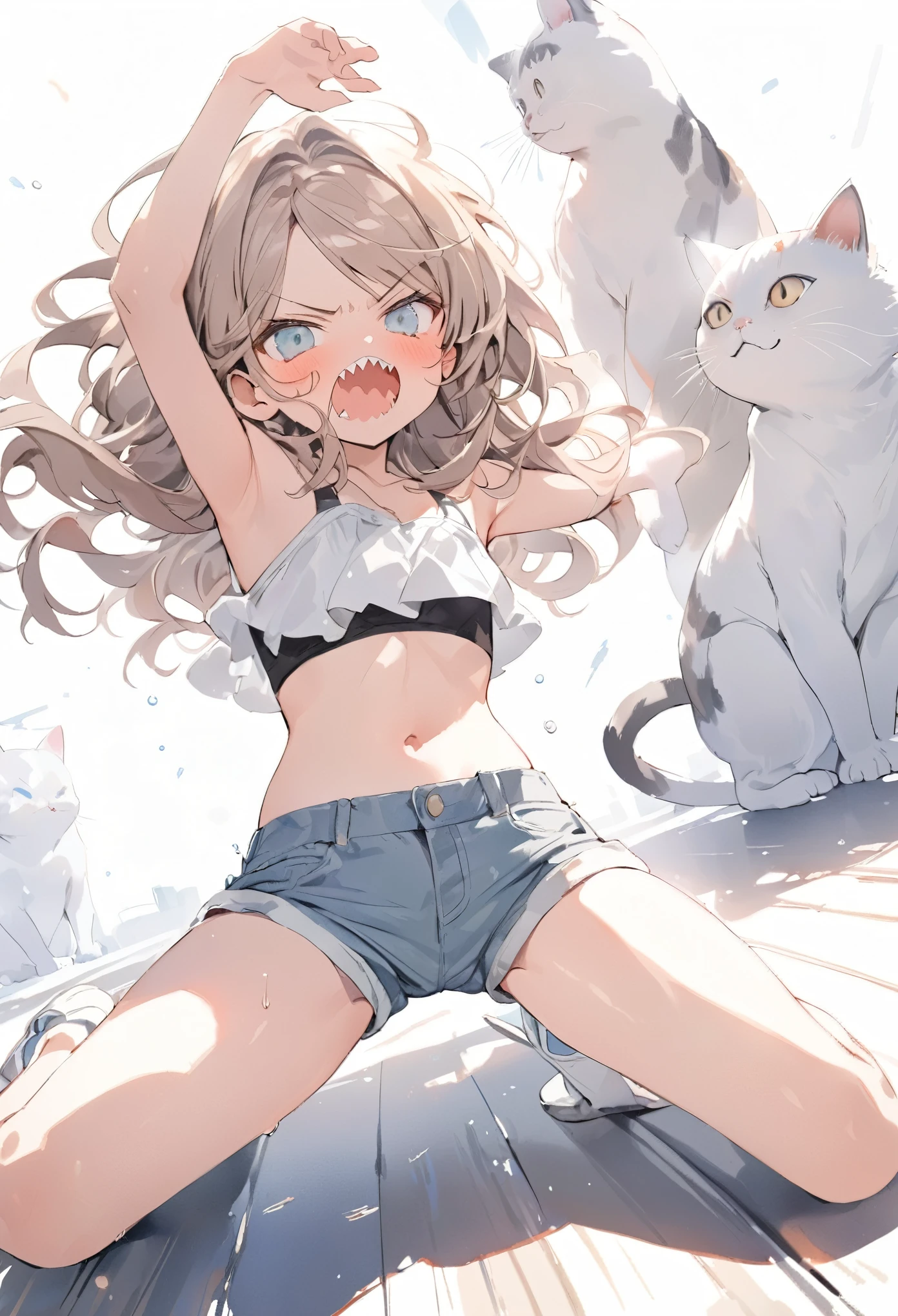 ((Masterpiece)), ((best quality)), (Anime:1.4), (super detail:1.2), (High Definition:1.3), (Professional Photography:1.3), (wide shot), (sharp focus), (perfect light), (()), ((1girl)), put on cat ear, fullbody, (pastel color), (watercolor), white back ground, cute, sharp teeth, open mouth wide, (blush), ((scowl face)), ((Break-dance pose)), (Tattered crop top), denim shorts, pale brown hair, wavy long hair,