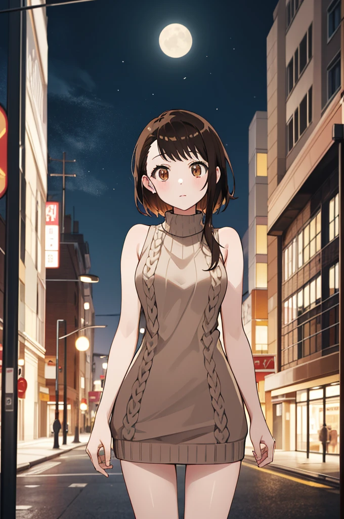 masterpiece, best quality, highres, aakosaki, brown hair, sidelocks, sweater dress, sleeveless, ribbed sweater, standing, cowboy shot, night, street