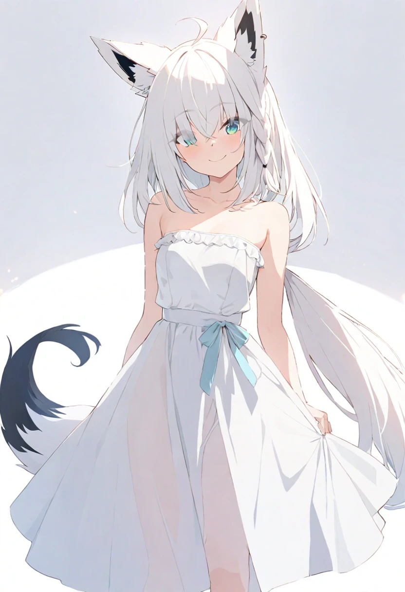 (masterpiece), (best quality), perfect face, beautiful girl, white background background, delicate and beautiful face and eyes, dark intense shadow, 
1 girl, vtuber style, cool girl, hololive, Shirakami Fubuki, fox ears, fox tail, white evening dress, long skirt dress, Ruffles dress, small chest, cropped shoulders, clavicle, winking, smile, body visible through clothes, chest visible through clothes, ass visible through thighs, High heel, (full body), looking at viewer, standing, 