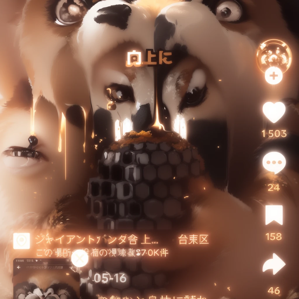 Close-up of a mobile phone of a panda eating honey, 4k yen!!!, A, Ka, Sa, Ta, Na, Ha, On , screenshot 4k, 8k)), Beasts, Advertising images, Tick tock, Tick tock 4k yen uhd image, 8K masterpiece, 8K masterpiece