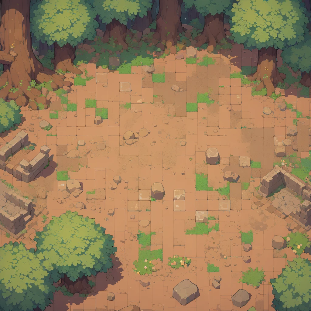 retro video game style,pixelated graphics,vibrant colors,8-bit characters,blocky shapes,sharp lines,detailed shading,classic gaming vibe,nostalgic atmosphere,classic arcade games,masterpiece:1.2,ultra-detailed,illustration style, 2d texture, clay texture, stone texture, 4 k seamless mud texture, video game texture, dirt texture, clay material, flat texture, grass, trees, rock texture, rocky ground, forest, topdown view, game texture, background art, ground very detailed, dirt, floor texture, tileable texture, flowers, bushes, shrubs, intricate ground stone, top down view, 3/4th perspective