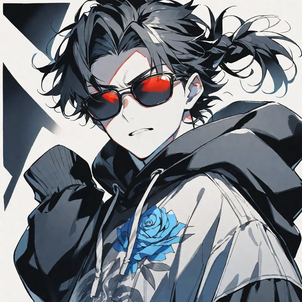 solo, handsome, Monochrome,watercolor,1 male, Ponytail, Braided black hair, red eyes, Gojo Satoru,casual,Blue Rose Tattoo,black Oversized hoodie,casual,Stylish,cool,sunglasses,
blackbackground,icon,Despise face up
