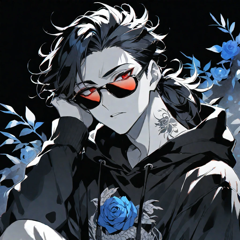solo, handsome, Monochrome,watercolor,1 male, Ponytail, Braided black hair, red eyes, Gojo Satoru,casual,Blue Rose Tattoo,black Oversized hoodie,casual,Stylish,cool,sunglasses,
blackbackground,icon,Despise face up