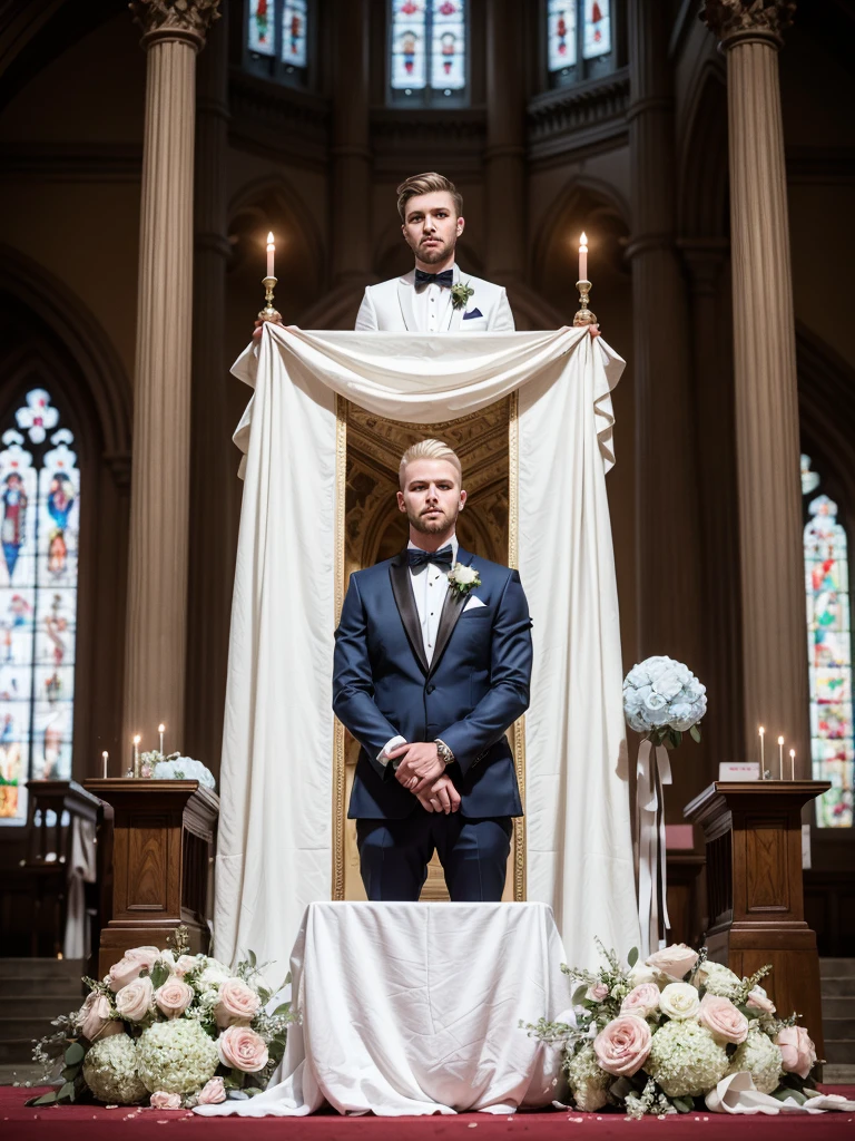 the wedding altar. Everything is decorated with lots of white and pink hydrangeas, everything is sparkling, there is a festive atmosphere. A tall, handsome, statuesque, athletic young man is platinum blond, he has tanned skin, blue eyes, long straight platinum hair, long bangs laid on his side, he is dressed in a luxurious white men's wedding suit. He stands at the altar and looks ahead. Masterpiece, beautiful face, beautiful facial features, perfect image, realistic photos, full-length image, 8k, detailed image, extremely detailed illustration, a real masterpiece of the highest quality, with careful drawing. glow. In full growth.