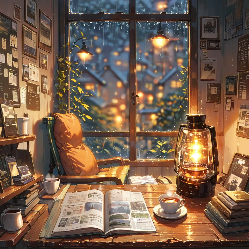 ((anime:1.4,illustration)),(masterpiece, top quality, best quality),(ultra-detailed, absolutely resolution),((16k, high res)), (((cozy cafe interior, rainy day, comfortable chair, book, soft, a large window with raindrops, a steaming cup of tea or coffee on a table, and warm ambient lighting for a serene atmosphere))), ((cozy lofi illustration:1.4)), ((anime:1.4, illustration)),(masterpiece, top quality, best quality),(ultra-detailed, absolutely resolution),((16k, high res)) BREAK {lofi art, style of Laurie Greasley, style of Makoto Shinkai, anime aesthetic}, BREAK { (produces images with information than 40 million pixels with cinematic-like detailed textures shot on a Sony SLR).}