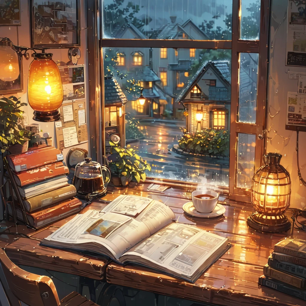 ((anime:1.4,illustration)),(masterpiece, top quality, best quality),(ultra-detailed, absolutely resolution),((16k, high res)), (((cozy cafe interior, rainy day, comfortable chair, book, soft, a large window with raindrops, a steaming cup of tea or coffee on a table, and warm ambient lighting for a serene atmosphere))), ((cozy lofi illustration:1.4)), ((anime:1.4, illustration)),(masterpiece, top quality, best quality),(ultra-detailed, absolutely resolution),((16k, high res)) BREAK {lofi art, style of Laurie Greasley, style of Makoto Shinkai, anime aesthetic}, BREAK { (produces images with information than 40 million pixels with cinematic-like detailed textures shot on a Sony SLR).}