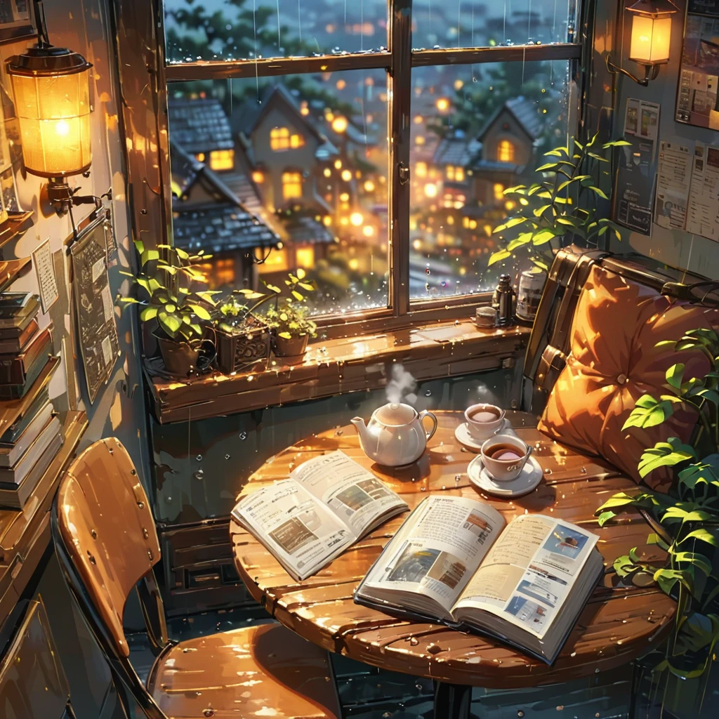 ((anime:1.4,illustration)),(masterpiece, top quality, best quality),(ultra-detailed, absolutely resolution),((16k, high res)), (((cozy cafe interior, rainy day, comfortable chair, book, soft, a large window with raindrops, a steaming cup of tea or coffee on a table, and warm ambient lighting for a serene atmosphere))), ((cozy lofi illustration:1.4)), ((anime:1.4, illustration)),(masterpiece, top quality, best quality),(ultra-detailed, absolutely resolution),((16k, high res)) BREAK {lofi art, style of Laurie Greasley, style of Makoto Shinkai, anime aesthetic}, BREAK { (produces images with information than 40 million pixels with cinematic-like detailed textures shot on a Sony SLR).}