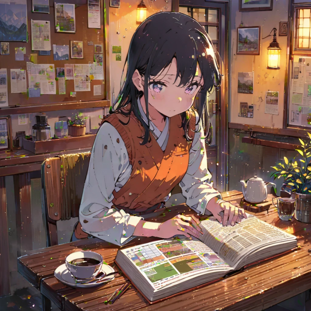 ((anime:1.4,illustration)),(masterpiece, top quality, best quality),(ultra-detailed, absolutely resolution),((16k, high res)), (((cozy cafe interior, rainy day, comfortable chair, book, soft, a large window with raindrops, a steaming cup of tea or coffee on a table, and warm ambient lighting for a serene atmosphere))), ((cozy lofi illustration:1.4)), ((anime:1.4, illustration)),(masterpiece, top quality, best quality),(ultra-detailed, absolutely resolution),((16k, high res)) BREAK {lofi art, style of Laurie Greasley, style of Makoto Shinkai, anime aesthetic}, BREAK { (produces images with information than 40 million pixels with cinematic-like detailed textures shot on a Sony SLR).}
