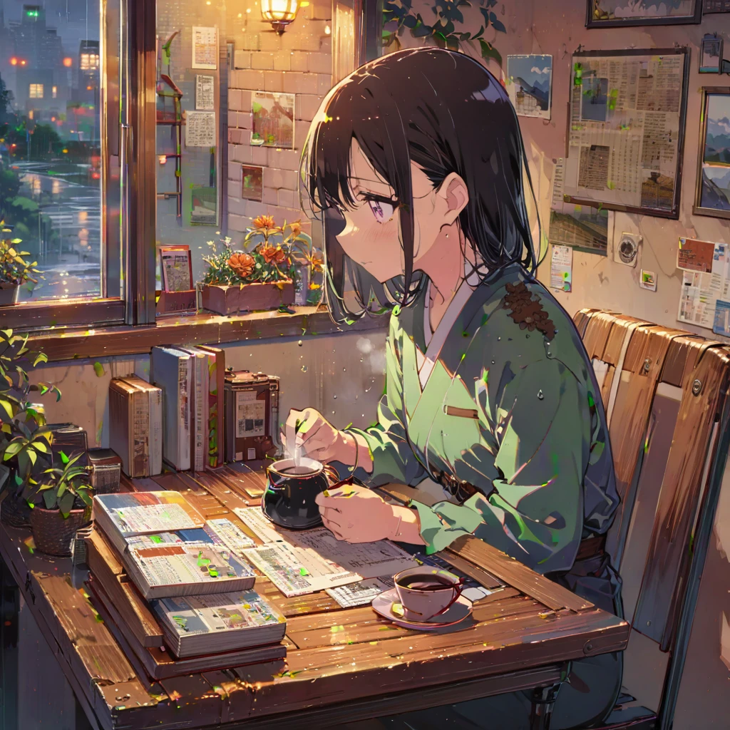 ((anime:1.4,illustration)),(masterpiece, top quality, best quality),(ultra-detailed, absolutely resolution),((16k, high res)), (((cozy cafe interior, rainy day, comfortable chair, book, soft, a large window with raindrops, a steaming cup of tea or coffee on a table, and warm ambient lighting for a serene atmosphere))), ((cozy lofi illustration:1.4)), ((anime:1.4, illustration)),(masterpiece, top quality, best quality),(ultra-detailed, absolutely resolution),((16k, high res)) BREAK {lofi art, style of Laurie Greasley, style of Makoto Shinkai, anime aesthetic}, BREAK { (produces images with information than 40 million pixels with cinematic-like detailed textures shot on a Sony SLR).}