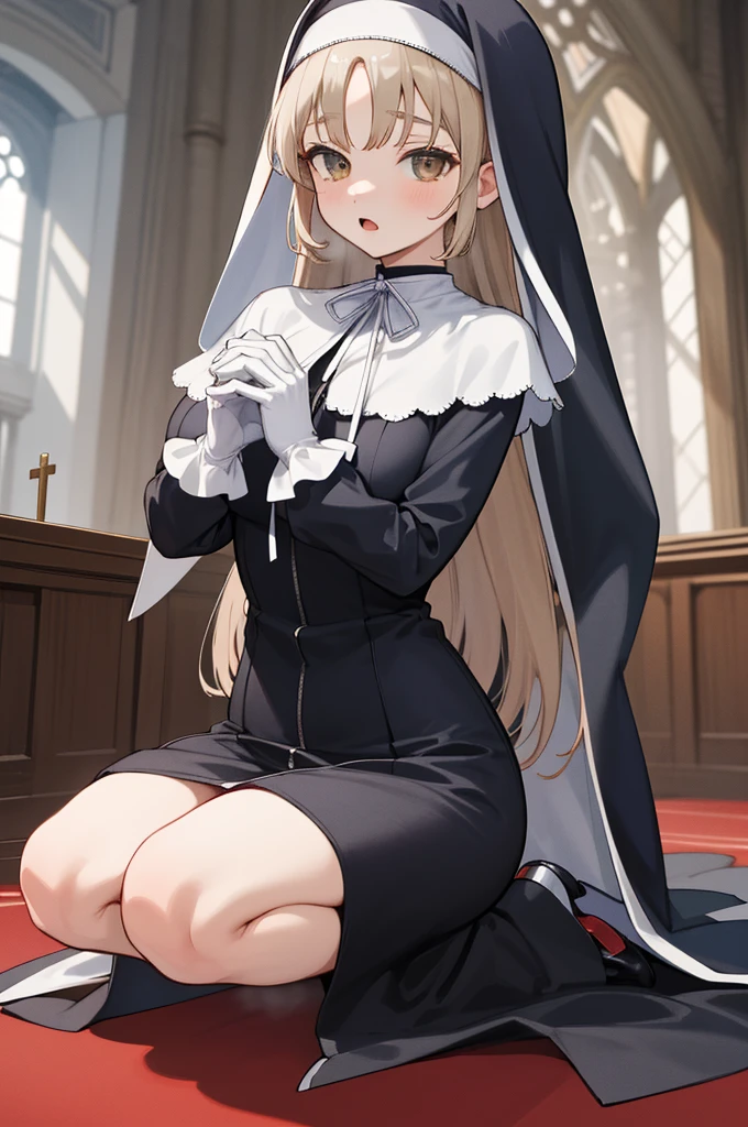 masterpiece, best quality, highres, aasister, long hair, nun, habit, white capelet, neck ribbon, (black short dress:1.2), long sleeves, white gloves, full-length zipper, church, indoors, standing,ass,from back,,looking viewer,smile,(((,nsfw)))