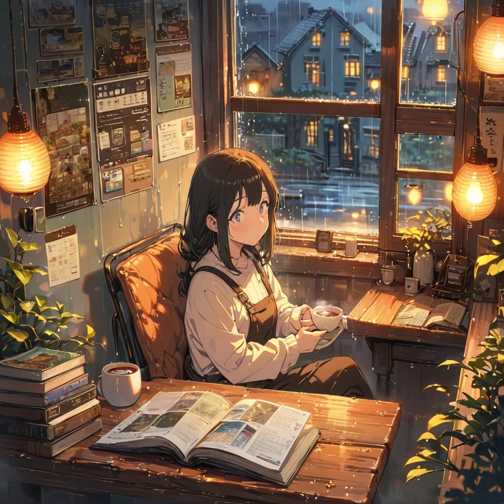 ((anime:1.4,illustration)),(masterpiece, top quality, best quality),(ultra-detailed, absolutely resolution),((16k, high res)), (((cozy cafe interior, rainy day, comfortable chair, book, soft, a large window with raindrops, a steaming cup of tea or coffee on a table, and warm ambient lighting for a serene atmosphere))), ((cozy lofi illustration:1.4)), ((anime:1.4, illustration)),(masterpiece, top quality, best quality),(ultra-detailed, absolutely resolution),((16k, high res)) BREAK {lofi art, style of Laurie Greasley, style of Makoto Shinkai, anime aesthetic}, BREAK { (produces images with information than 40 million pixels with cinematic-like detailed textures shot on a Sony SLR).}