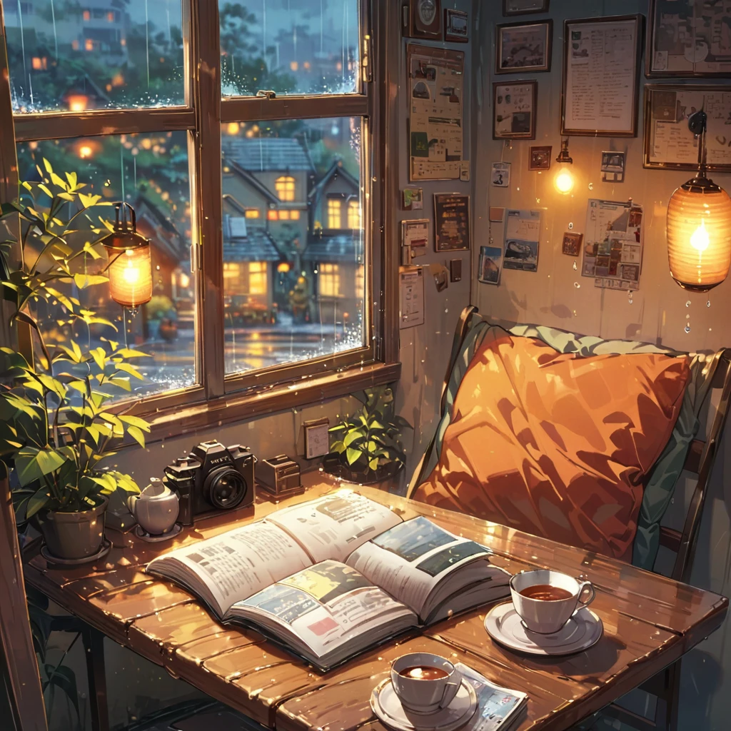 ((anime:1.4,illustration)),(masterpiece, top quality, best quality),(ultra-detailed, absolutely resolution),((16k, high res)), (((cozy cafe interior, rainy day, comfortable chair, book, soft, a large window with raindrops, a steaming cup of tea or coffee on a table, and warm ambient lighting for a serene atmosphere))), ((cozy lofi illustration:1.4)), ((anime:1.4, illustration)),(masterpiece, top quality, best quality),(ultra-detailed, absolutely resolution),((16k, high res)) BREAK {lofi art, style of Laurie Greasley, style of Makoto Shinkai, anime aesthetic}, BREAK { (produces images with information than 40 million pixels with cinematic-like detailed textures shot on a Sony SLR).}
