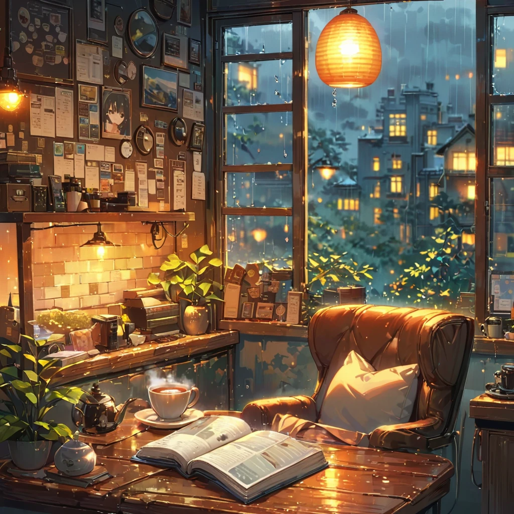 ((anime:1.4,illustration)),(masterpiece, top quality, best quality),(ultra-detailed, absolutely resolution),((16k, high res)), (((cozy cafe interior, rainy day, comfortable chair, book, soft, a large window with raindrops, a steaming cup of tea or coffee on a table, and warm ambient lighting for a serene atmosphere))), ((cozy lofi illustration:1.4)), ((anime:1.4, illustration)),(masterpiece, top quality, best quality),(ultra-detailed, absolutely resolution),((16k, high res)) BREAK {lofi art, style of Laurie Greasley, style of Makoto Shinkai, anime aesthetic}, BREAK { (produces images with information than 40 million pixels with cinematic-like detailed textures shot on a Sony SLR).}