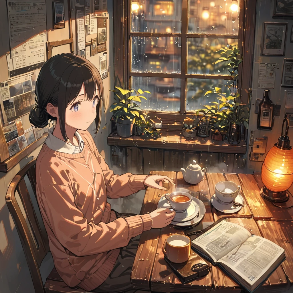 ((anime:1.4,illustration)),(masterpiece, top quality, best quality),(ultra-detailed, absolutely resolution),((16k, high res)), (((cozy cafe interior, rainy day, comfortable chair, book, soft, a large window with raindrops, a steaming cup of tea or coffee on a table, and warm ambient lighting for a serene atmosphere))), ((cozy lofi illustration:1.4)), ((anime:1.4, illustration)),(masterpiece, top quality, best quality),(ultra-detailed, absolutely resolution),((16k, high res)) BREAK {lofi art, style of Laurie Greasley, style of Makoto Shinkai, anime aesthetic}, BREAK { (produces images with information than 40 million pixels with cinematic-like detailed textures shot on a Sony SLR).}