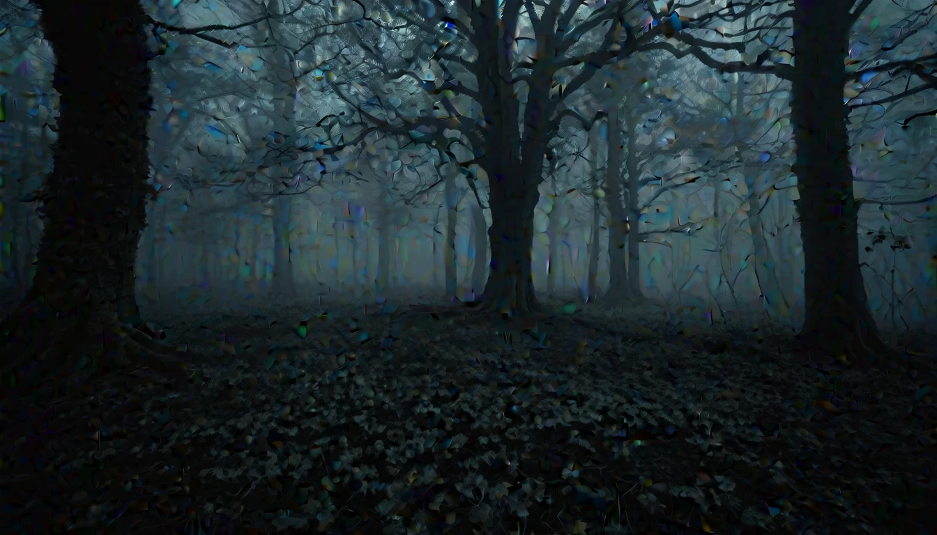 (Dark Shadows, Cinematic:1.3) Gloomy forest scene at dusk, Ancient Tree々The deep shadows and creeping fog create an eerie atmosphere., A single wildflower blooms from the darkness, A beacon of hope in the dark.