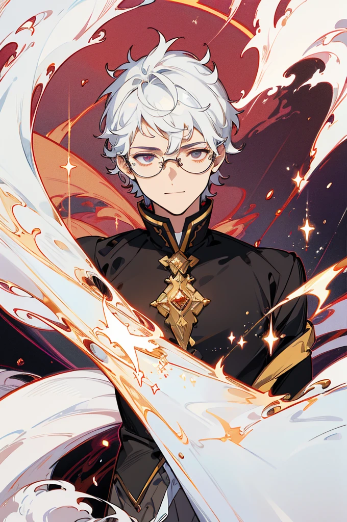 masterpiece, best quality, 1 male, young, tall muscular, handsome, finely detailed eyes, intricate details, black short hair, (style-swirlmagic:1.0), smile, solo, upper body, detailed background, detailed face, good sorcerer, color magical robes, determined expression, white color scheme, dark crimson light, glowing magical runes, white atmosphere, realistic lighting, floating particles, sparks, surrounded by gold lightning red arcane symbols, corrupted by eldritch power, bloom, glasses
