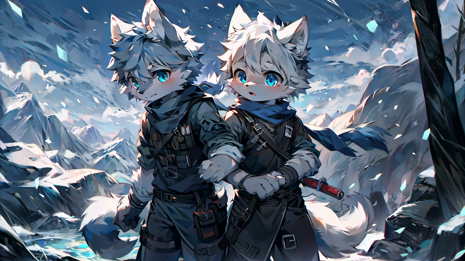 a male werewolf wearing black combat uniform, blue scarf, grey-white fur, sky blue eyes, in a snowy mountain landscape, holding a knife in each hand, wolf ears, fluffy fur, wolf tail, snowing